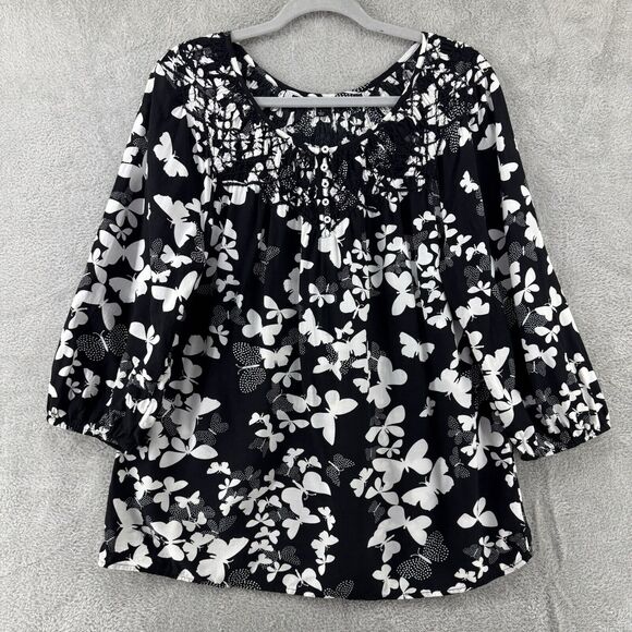 Talbots Tops - Talbots Top Womens L Black Butterfly Smocked Scoop Neck 3/4 Sleeves Elastic Cuff